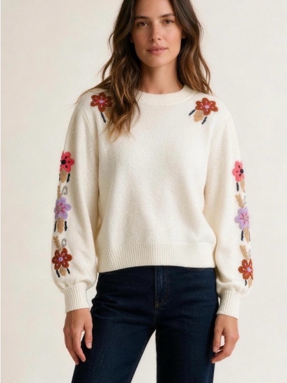 Something Navy Crewneck Sweater with Embroidered Floral Sleeves